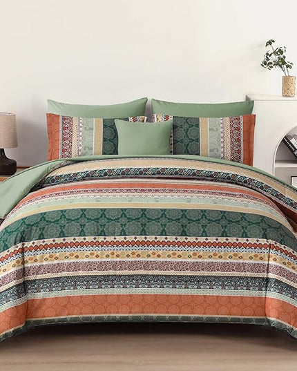 Cottolester Boho Comforter Set Queen Size,8 Pieces Sage Green and Orange Bohemian Striped Bed in a Bag,Paisley Soft Microfiber Bedding Comforter Set