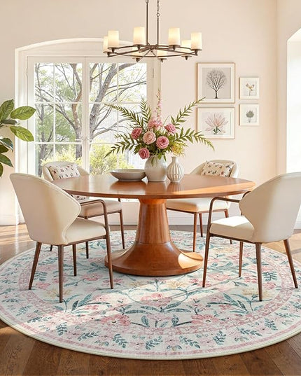 Wonnitar Washable Round Rugs 6ft, Pink Floral Circle Rug Large Round Carpet for Bedroom, Boho Soft Ultra-Thin Circular Carpets for Kids Playroom Living Room Nursery