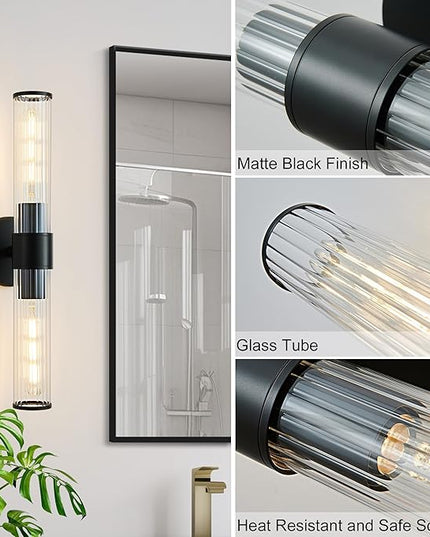 Bathroom Vanity Light Fixtures, Black Wall Sconces in Threaded Glass, Modern Wall Light for Bathroom Living Room Bedroom, Hallway - Bulb Not Included