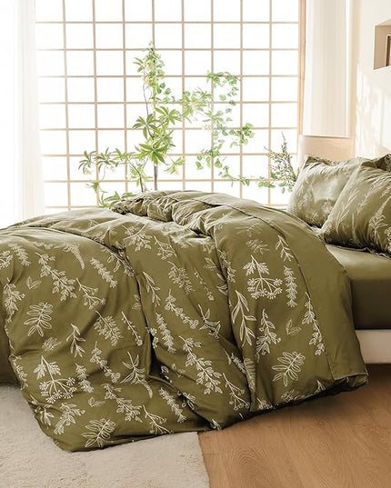 MUXHOMO Olive Green Bed in a Bag Queen 7 Pieces, Queen Comforter Set Reversible Botanical Flowers Design, Ultra Soft & Breathable Bedding Sets with Comforter, Sheets, Pillowcases & Shams