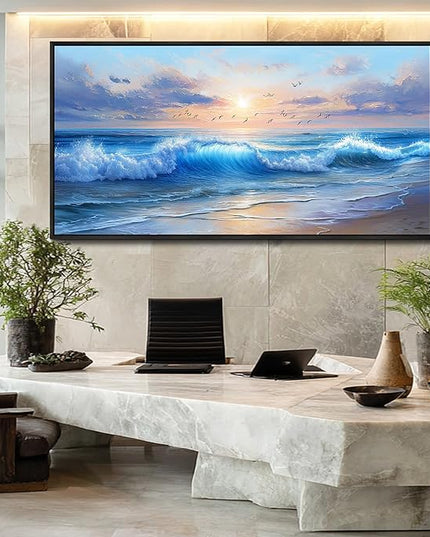 XIGUANGART Ocean Canvas Wall Art, Blue Sea Wave and Large Coastal Beach Paintings Sunset Seascape Pictures Artwork Wall Decor for Living Room Bedroom Bathroom Kitchen Hallway Home Office Black Framed