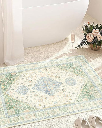 MUJOO Small Rug,2x3 Washable Area Rugs for Bathroom Entryway Entry Entrance Bedroom,Indoor Front Door Mat Non Slip Throw Carpet Low Pile Boho Light Green and Blue