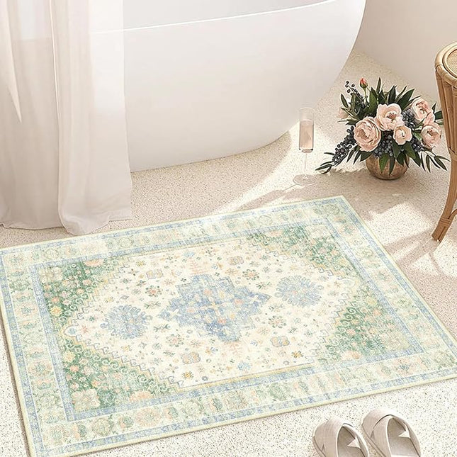MUJOO Small Rug,2x3 Washable Area Rugs for Bathroom Entryway Entry Entrance Bedroom,Indoor Front Door Mat Non Slip Throw Carpet Low Pile Boho Light Green and Blue
