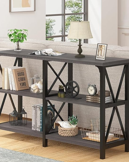 IBF Long Console Table, Industrial Entryway Table with Storage Shelves, Modern Metal Wood Sofa Table Behind Couch, Farmhouse 3 Tier Foyer Hallway Table for Entry Living Room, Dark Gray Oak, 63 in