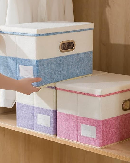 PRANDOM Collapsible Storage Bin with Lid [3-Pack] Fabric Foldable Storage Box Organizer Container Basket Cube with Cover for Home Bedroom Closet Office Nursery Pink&Cream(14.9x9.8x9.8)