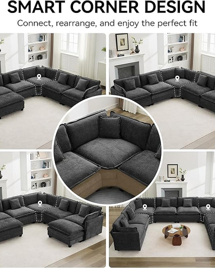 137'' V Shaped Cloud Sectional Sofa, Oversized Deep Seat Couches for Living Room, Chenille Comfy Upholstered Modular Sectional Sofa Couch, Dark Grey