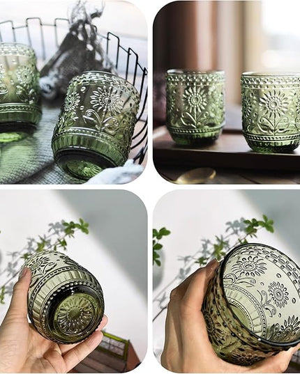 Glass Cups, Vintage Glassware Drinking Glass Set of 4, 12oz Colored Glassware with Sunflower Design, Embossed Floral Decorative Glasses Drinking Set for Beverage, Vintage Drinking Glasses (Green)