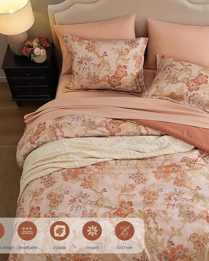 Full Comforter Set -7 Pieces Terrecotta Floral Comforter Set for All Seasons, Bed in a Bag Full with Botanical Flowers Comforter, Sheets, Pillowcases & Shams