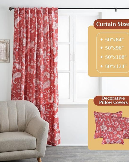Maison d' Hermine Curtains for Living Room 100% Cotton 124 inch Length One Panel Light Filtering Curtains for Bedroom Windows with Rod and Loop Pockets Drapes (Ramage Fire Brick, 50" W x 124" L)