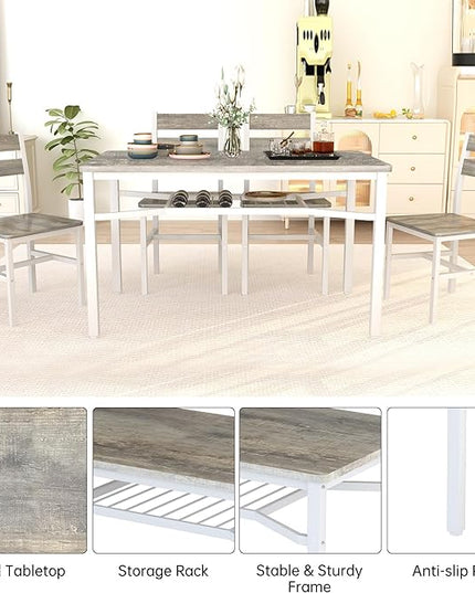 Hooseng Dining Table Set for 4, Wood Kitchen Table Chairs Set with Storage, Farmhouse 5 Piece Dining Room Table Set, Space-Saving Dinette Set for Breakfast Nook, Apartment