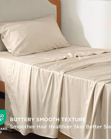 Bedsure Cooling Sheets Twin XL, Rayon Derived from Bamboo, Breathable & Soft Twin XL Sheet Sets, Deep Pocket Up to 16 Inches, Hotel Luxury Silky Dorm Bedding for Hot Sleepers, Beige