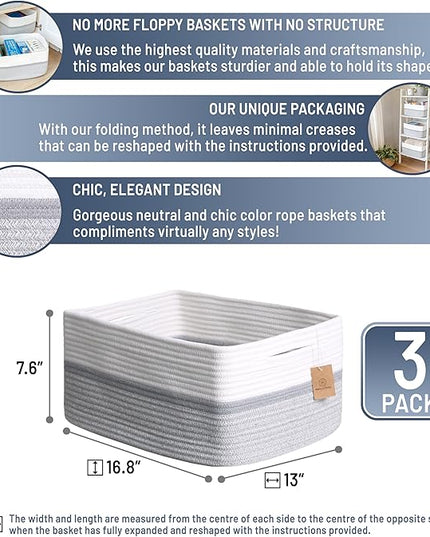 NaturalCozy Storage Baskets 16.8”x13”x7.6” Cotton Rope Woven Baskets for Organizing 3-Pack | Toy Storage Bins | Basket for Shelves, Laundry, Blanket, Clothes, Closet, Kitchen, Bathroom, Gifts