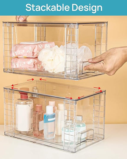 Vtopmart 4 Pack Large Stackable Storage Drawers,Easily Assemble Acrylic Bathroom Closet Undersink Organizers and Storage,Plastic Bins for Kitchen Cabinets,Pantry,Makeup,Medicine Organization