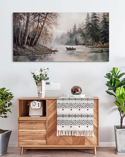 HGUAOA Mountain Canvas Wall Art Rustic Lake Landscape - Nature & Forest Scenery Paintings Pictures for Living Room & Bedroom Wall Decor Vintage Artwork for Walls
