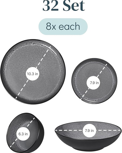 Stoneware dinnerware set 8 persons 32 pcs - Dishwasher, microwave and scratch resistant - Bowl and plate set 8 persons modern - Dinner service Pure Living black in gray…