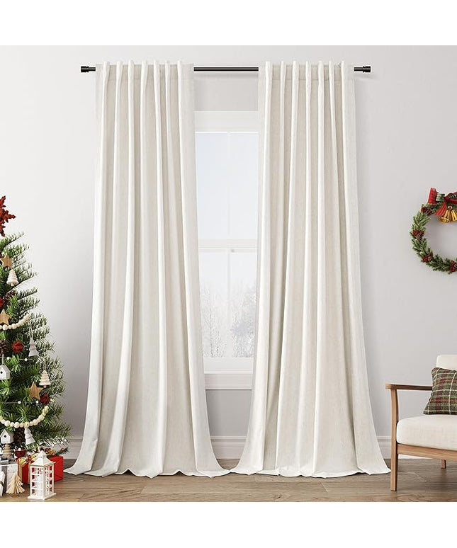 Guken Blackout Curtains 90 Inch Length 2 Panels Set for Living Room Bedroom Back Tab Thermal Insulated 100% Black Out Linen Drapes Room Darkening Window Curtains 90 Inches Long,Beige White