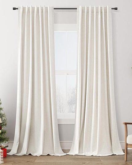 Guken Blackout Curtains 120 Inch Length 2 Panels Set for Living Room Bedroom Back Tab Thermal Insulated 100% Black Out Linen Drapes Room Darkening Window Curtains,Beige White