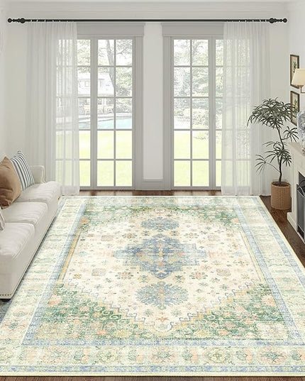 MUJOO 8x10 Area Rugs,Washable Rugs for Living Room Dining Room Bedroom,Large Boho Throw Carpet,Non Slip Big Indoor Low Pile Light Green and Blue