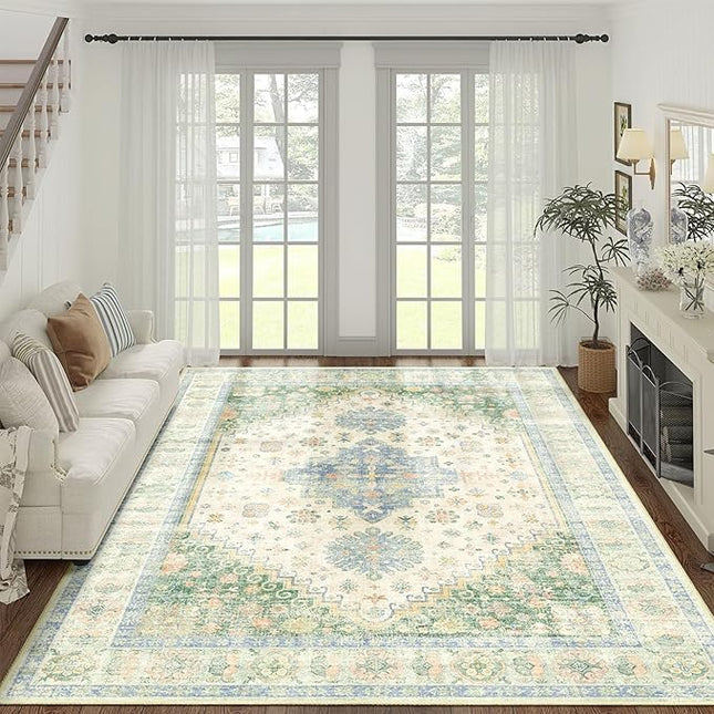 MUJOO 8x10 Area Rugs,Washable Rugs for Living Room Dining Room Bedroom,Large Boho Throw Carpet,Non Slip Big Indoor Low Pile Light Green and Blue