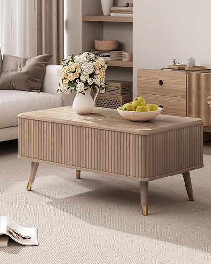 Lift Top Coffee Table with Storage, Mid Century Modern Coffee Table with Solid Wood Legs, 38" Minimalist Fluted Center Table for Living Room, Home Office, Natural Oak