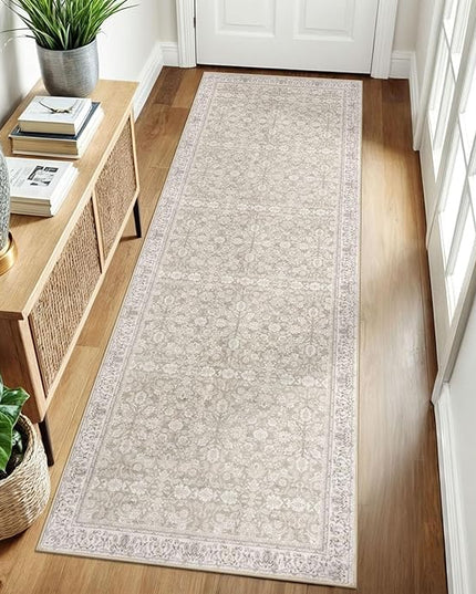2.6x8 Washable Runner Rug for Kitchen, Cream Beige White Grey Soft Classic Runner with Non-Slip, Non-Shedding Distressed Floral Rug for Hallways Entryway Bedroom Laundry Indoor