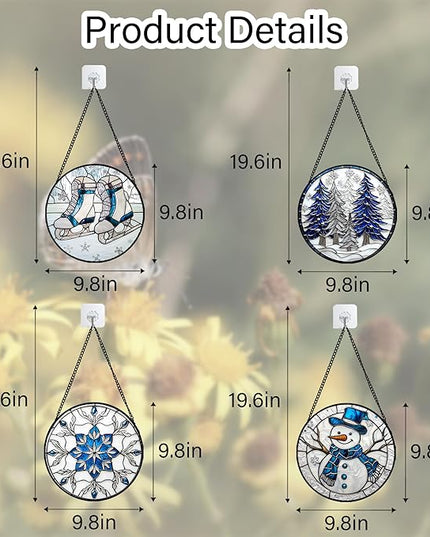 Stained Glass Window Hanging 4 Pcs Set White Winter Christmas Snow Scene 9.8" - Suncatcher Door Garden Sun Catcher Decor Birthday for Mom Woman Nana Men Friend Wife