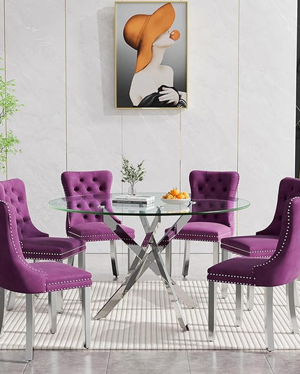 Round Glass Dining Table Set for 6, 47'' Clear Circular Kitchen Table and Chairs Set, 7PCS Modern Circle Dining Room Table Set with 6 Velvet Dining Chair for Home