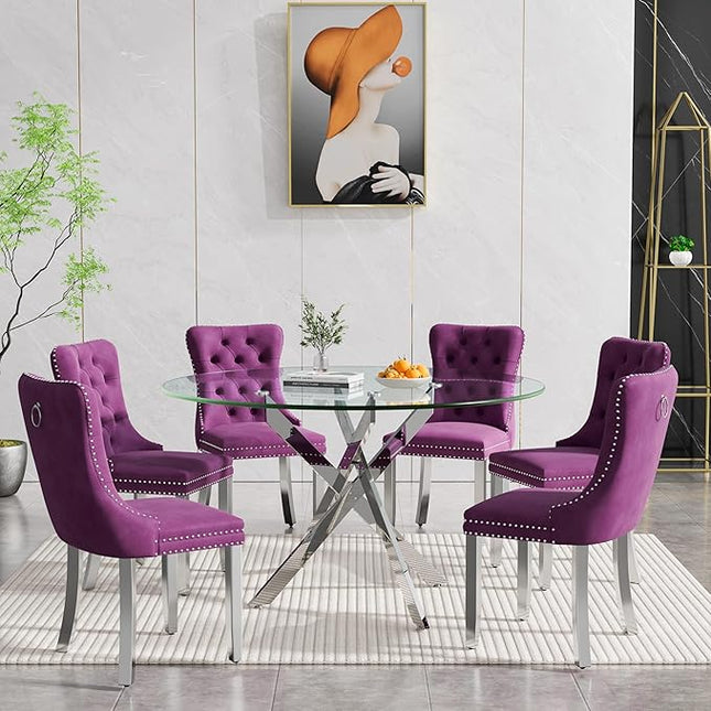 Round Glass Dining Table Set for 6, 47'' Clear Circular Kitchen Table and Chairs Set, 7PCS Modern Circle Dining Room Table Set with 6 Velvet Dining Chair for Home