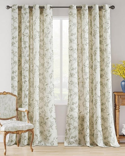 Lazzzy Linen Green Floral Farmhouse Curtains 96 Inches Long Drapes for Living Room Bedroom Pattern Light Filtering Country Vintage Curtain Grommet Top, 2 Panels, Green on Beige