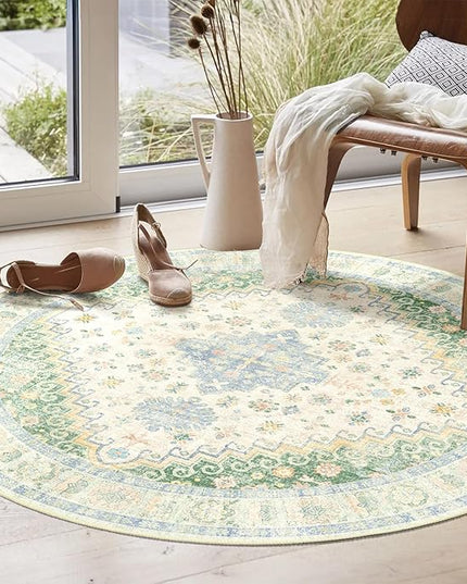 MUJOO Round Rug 4ft,Small Cicle Area Rug Washable,Circular Rugs for Entryway Bedroom Kitchen,Boho Non Slip Throw Carpet Light Green and Blue