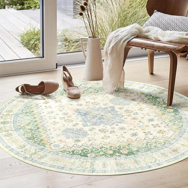 MUJOO Round Rug 4ft,Small Cicle Area Rug Washable,Circular Rugs for Entryway Bedroom Kitchen,Boho Non Slip Throw Carpet Light Green and Blue