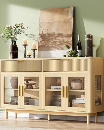 IRONCK 59'' Sideboard Buffet Cabinet with Drawers, Modern Kitchen Storage Cabinet with Adjustable Shelves and Tempered Glass Doors, Wood Coffee Bar for Kitchen, Living Room, Oak