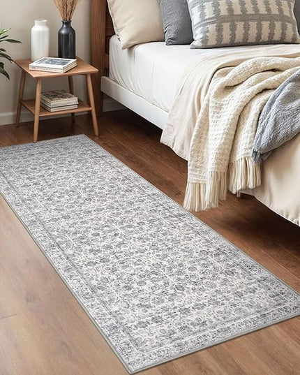 2x5 Washable Rug Grey Small Area Rug for Entryway, Soft Non-Slip Indoor Door Mat Distressed Floral Low-Pile Kitchen Rugs, Neutral Vintage Carpet for Entrance Bedside Farmhouse