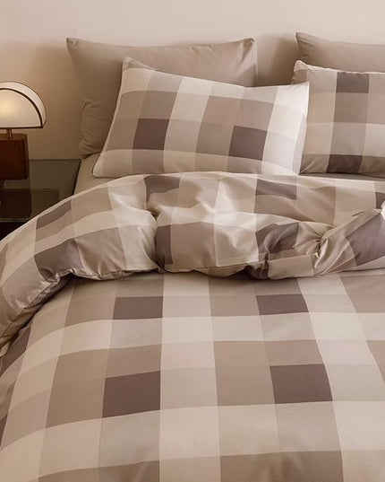 Luxlovery Gingham Khaki Comforter Set Queen Checkered Bedding SetWomen Men Bedding Grid Bedding Set Fluffy Soft Cottagecore Khaki and Cream Coffee Blanket Quilts with 2 Pillowcases