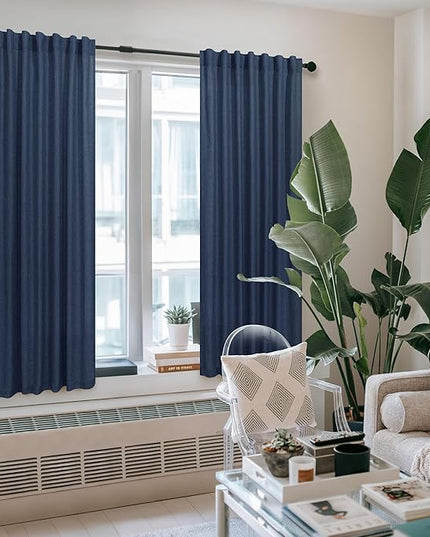 Navy Curtains 38 Inch Width for Kitchen Door 2 Panel Back Tab Pocket Semi Sheer Linen Light Filtering Skinny Small Window Curtain for Bedroom Closet Laundry Basement Bathroom Wide 38x63 Long Dark Blue