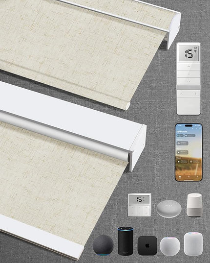 Kincmo Motorized Blinds with Remote,100% Blackout Motorized Roller Shades Work with Apple Homekit,Alexa,Google, Custom Electric Blinds with App,Voice Control (Linen Stone)