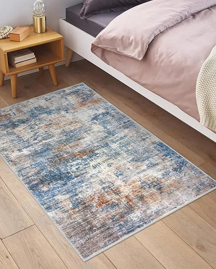 IOHOUZE Small Abstract Area Rug 2x3 Ft Entryway Rugs Washable Door Mat Indoor Entrance, Rubber Backed Throw Rugs, Printed Faux Wool Non Slip Floor Carpet for Foyer Front Door Sink, Blue Rust