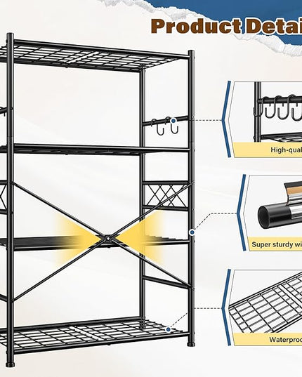 Storage Shelves 4-Tier Large Capacity Metal Shelving with Hooks, Heavy Duty Garage Shelving Unit with Leveling Feet, Stable Metal Shelves for Pantry, Kitchen and Closet,36" W x 12" D x 60" H, Black