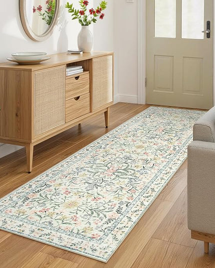Wonnitar Washable Rug Runner 2'6''x8', Boho Floral Hallway Runner Rug 8ft Long Carpet for Bedroom, Soft Non Slip Ultra-Thin Beige Carpets for Bathroom Kitchen Bedside
