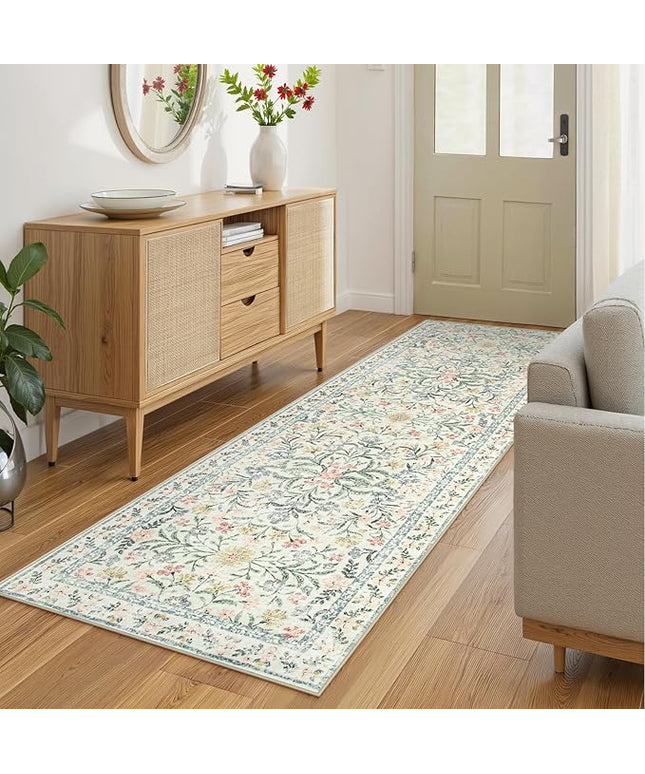 Wonnitar Washable Rug Runner 2'6''x8', Boho Floral Hallway Runner Rug 8ft Long Carpet for Bedroom, Soft Non Slip Ultra-Thin Beige Carpets for Bathroom Kitchen Bedside