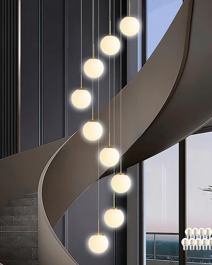 KoKo&Yukina 9-Light Globe Milky White Glass Pendant Light Adjustable Length Pendant Lights Modern Glass Globe Pendant Lights Gold Chandeliers Large Chandeliers for High Ceilings (Bulb & Remote Incl)