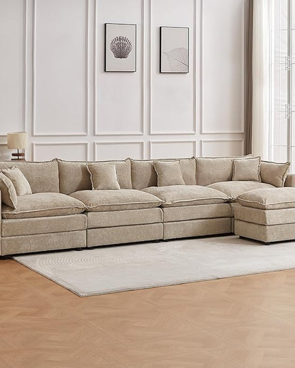 Modular Sectional Sofa, 147.2 Inch L Shaped Couch Set with Armrests, 4-Seater Comfy Cloud Couches with Movable Ottoman for Living Room Apartment, Coffee