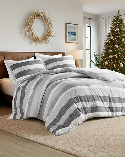 Queen Comforter Set, 3 Pieces Striped Bed Set, Soft Brushed Microfiber Reversible Bedding Set for All Season, Lightweight & Breathable Bedding Set with Comforter & Shams, Black/Grey