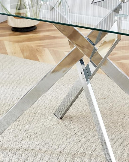 51" Rectangular Glass Dining Table Modern Kitchen Glass Top Table for 4 with Silver Metal Legs, Clear Dining Table Kitchen Table for Home Office Dining Room