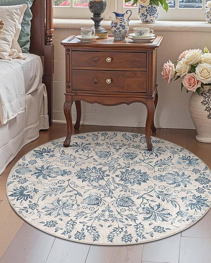jinchan Torino Classic Floral Round Rug 5ft, Vintage-Inspired Design 5’Circle Rug, Machine Washable Ultra-Thin Low-Pile Non-Slip Indoor Carpet for Bedroom Dining Room Living Room Entryway, Dark Blue