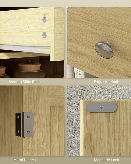HOMCOM Sideboard with Solid Wood Countertop, Modern Kitchen Storage Cabinet, Coffee Bar Cabinet with 2 Drawers, Doors and Adjustable Shelf, Natural Rattan