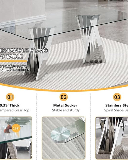 7 Piece Dining Table Set with 6 Beige Dining Chairs, Modern Glass Kitchen Table and Chairs Set for 6, 70" Rectangle Silver Glass Pedestal Dining Room Tables with Flash-Shape Stainless Steel Base