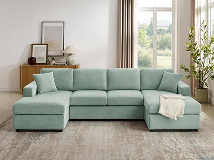 VANOMi 118'' U Shaped Sectional Sofa, 4 Seat Modern Sectional Couch, Double Chaise Longue, Cozy Chenille Sofa Couches for Living Room Apartment, Mint