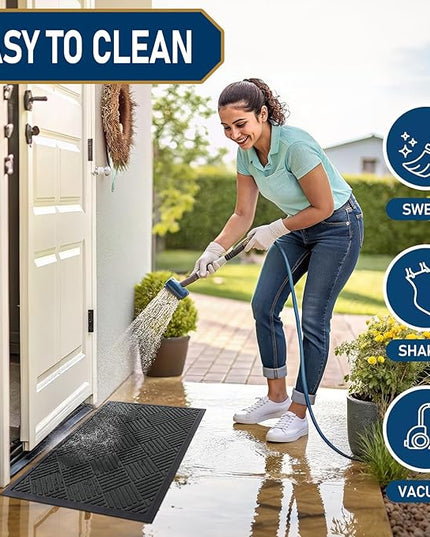 Smiry Front Door Mat Outside Entrance, Heavy Duty Outdoor Indoor Natural Rubber Doormat, Non Slip, Trap Dirt and Moisture, Easy Clean, Low Profile Patio Porch Entryway Mat, 35x23, Black
