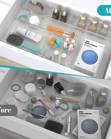 33 PCS Clear Plastic Drawer Organizers Set, 4 Size Desk Drawer Organizer Trays for Makeup, Jewelry, Kitchen Utensils, Gadgets and Office Accessories